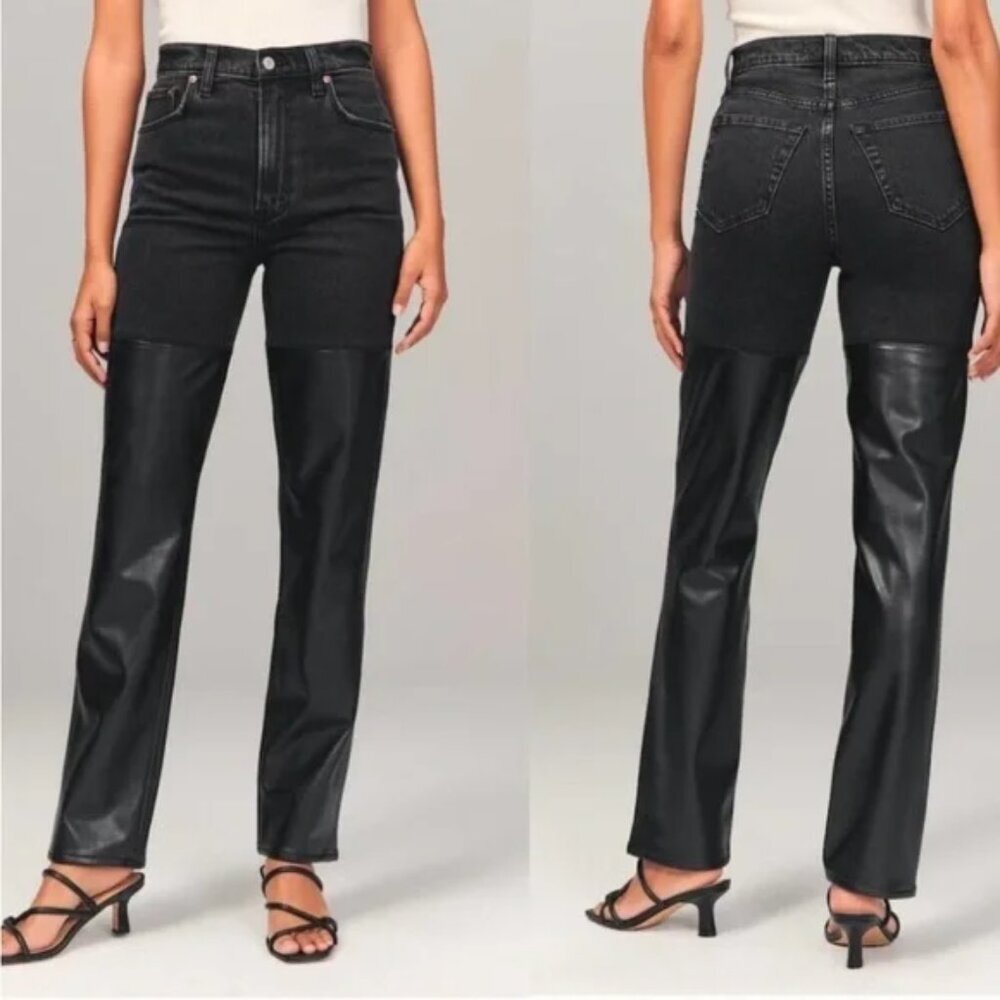 Abercrombie Black Denim Ultra High Rise 90s Straight Jean Faux Leather Size 37